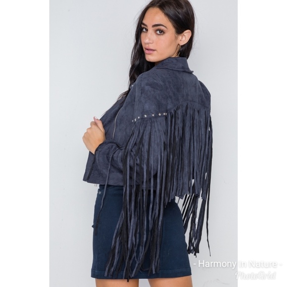 1 Left! Blue Fringe Faux Suede Jacket - Picture 4 of 7